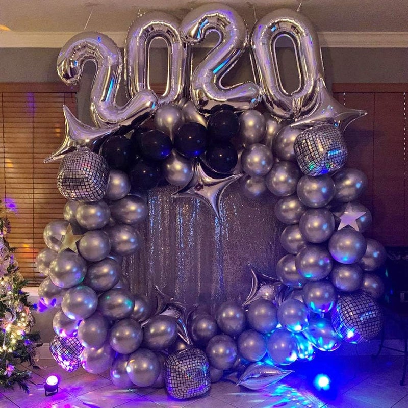 GIHOO Black Silver Balloon Garland Arch Kit, 139pcs 4D Disco Foil Balloons Silver Metallic Balloons with 16Ft Strip for New Year Bouquet Wedding Baby Shower Birthday Disco Dance Party Decorations - Image 3